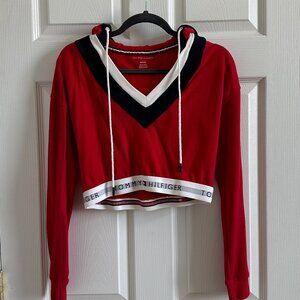 Tommy Hilfiger Women's Hooded Cropped Sweatshirt - Red & Navy Blue